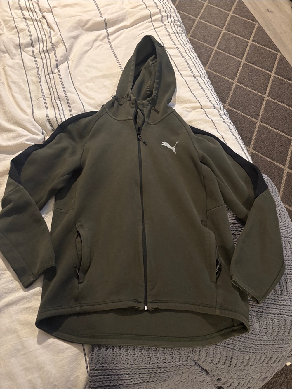 Puma Olive Green and Black Hooded Full-Zip Performance Jacket